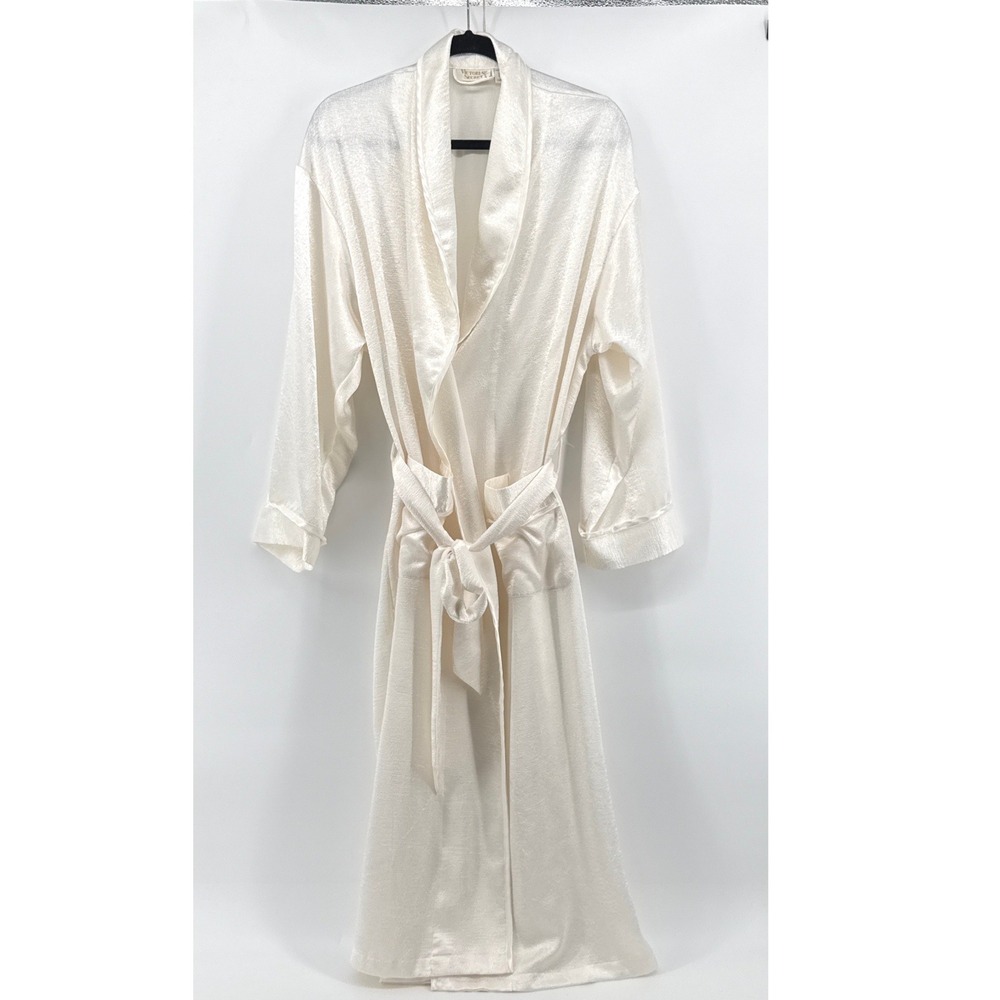 Vtg Victoria's Secret Gold Label Ivory Satin Jacquard Floral Robe Wrap M/L 80s